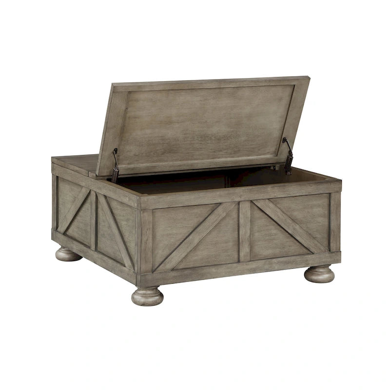 Tavolino da caffè contenitore con ripiano sollevabile Farmhouse da 91 cm, acacia e pino, finitura anticata