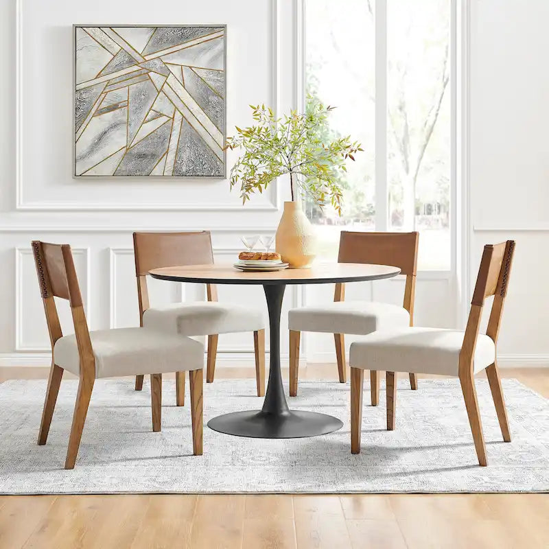 Sedia da pranzo in similpelle e lino, set da 2, gambe in legno massello