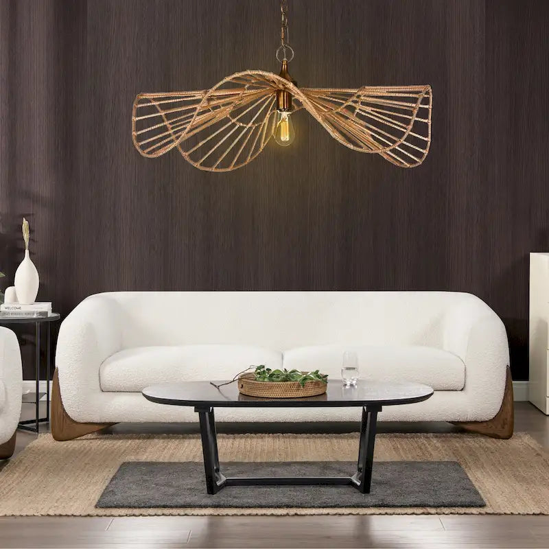 Divano imbottito Sherpa da 229 cm, Bouclé oversize, gambe in rovere naturale