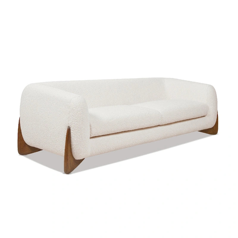 Divano imbottito Sherpa da 229 cm, Bouclé oversize, gambe in rovere naturale