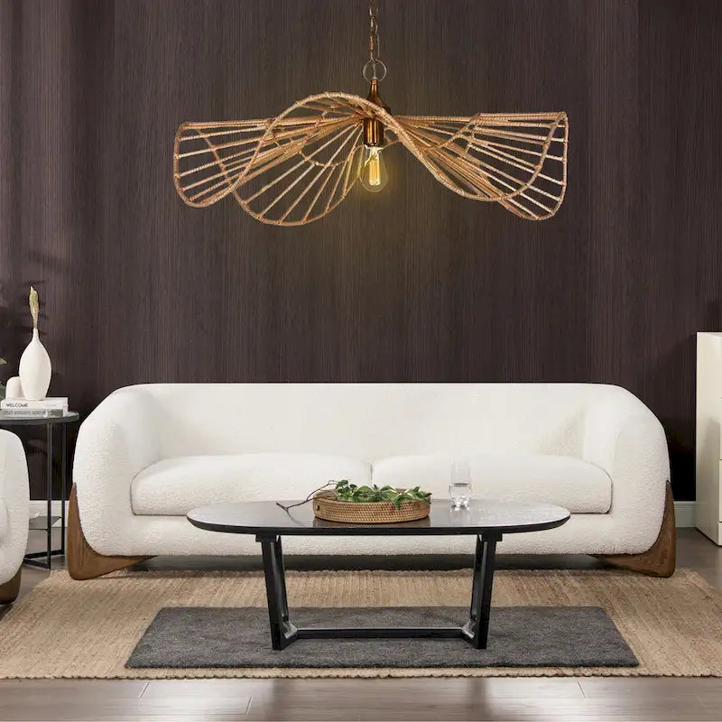 Divano imbottito Sherpa da 229 cm, Bouclé oversize, gambe in rovere naturale