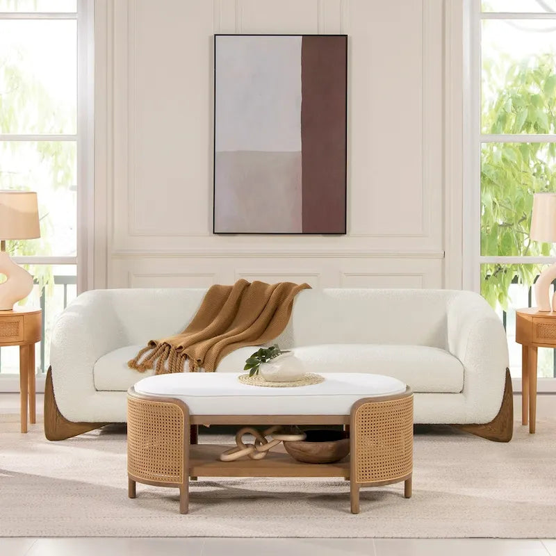 Divano imbottito Sherpa da 229 cm, Bouclé oversize, gambe in rovere naturale