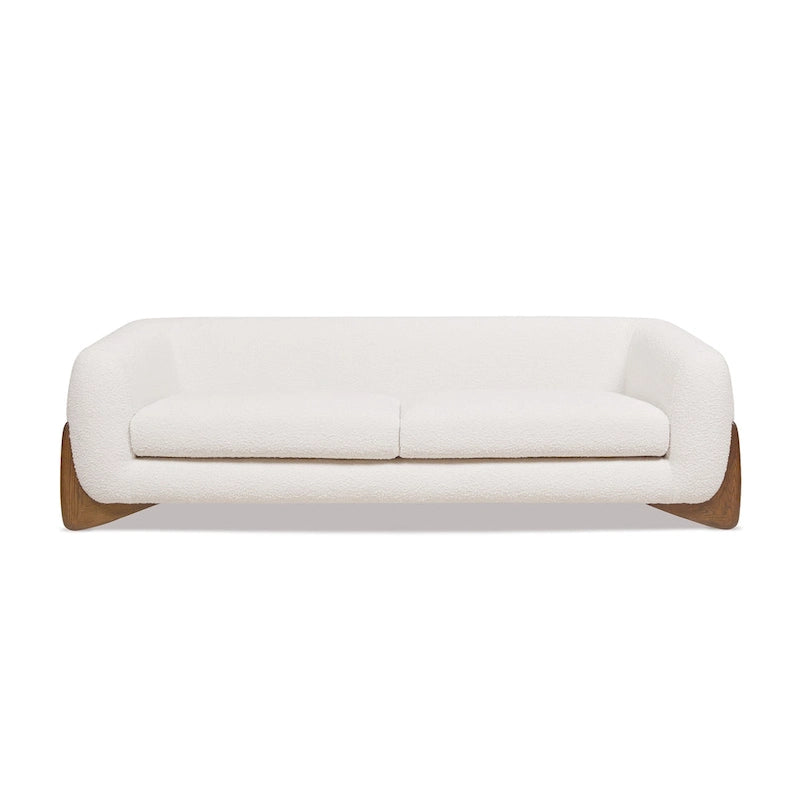 Divano imbottito Sherpa da 229 cm, Bouclé oversize, gambe in rovere naturale
