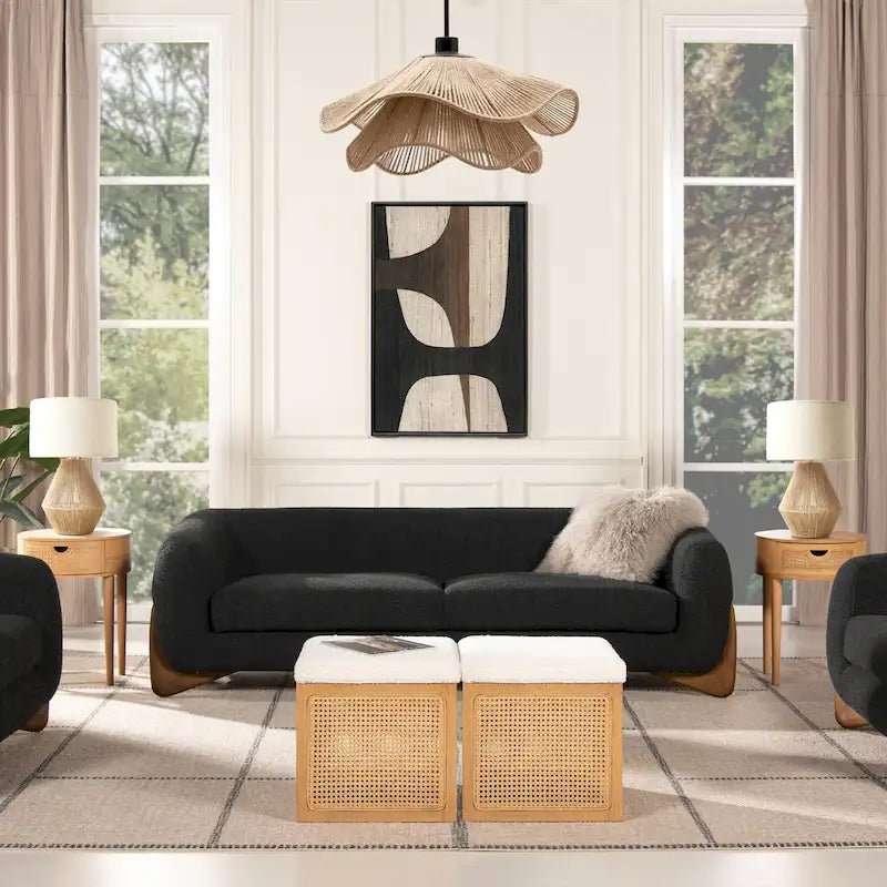Divano imbottito Sherpa da 229 cm, Bouclé oversize, gambe in rovere naturale
