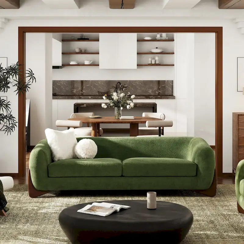 Divano imbottito Sherpa da 229 cm, Bouclé oversize, gambe in rovere naturale