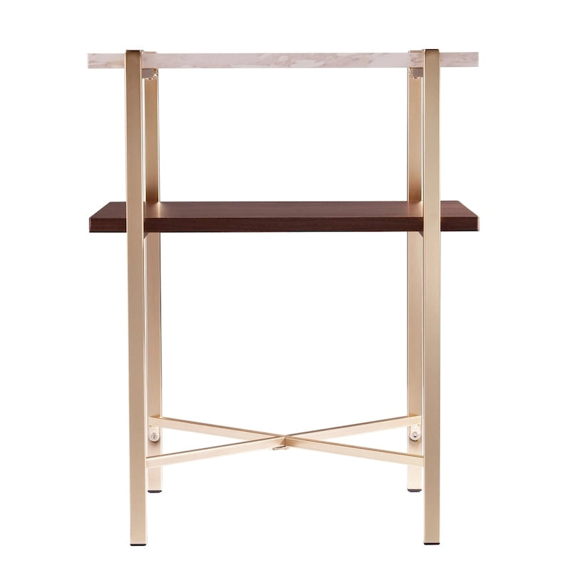 Tavolino Quadrato con Ripiano Portaoggetti Effetto Marmo, Base a X, a Due Livelli