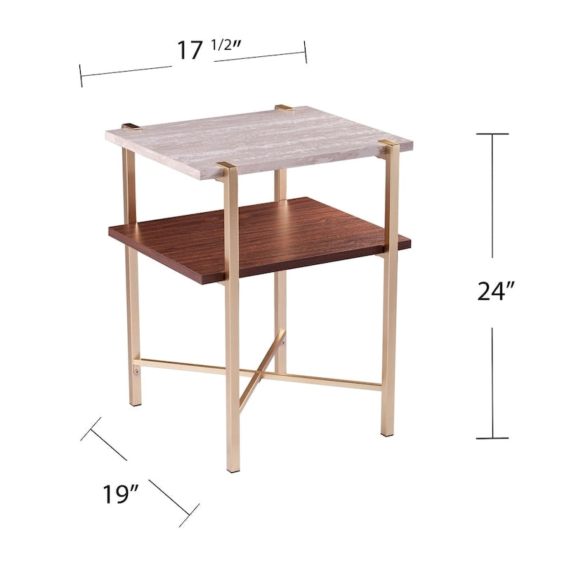 Tavolino Quadrato con Ripiano Portaoggetti Effetto Marmo, Base a X, a Due Livelli