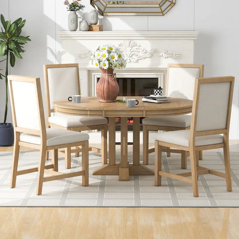 Set da pranzo 5 pezzi con tavolo rotondo allungabile e 4 sedie imbottite, Set da pranzo stile rustico