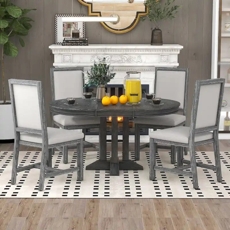 Set da pranzo 5 pezzi con tavolo rotondo allungabile e 4 sedie imbottite, Set da pranzo stile rustico