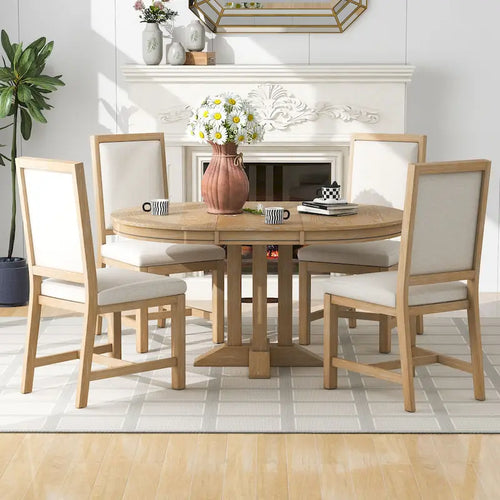 Set da pranzo 5 pezzi con tavolo rotondo allungabile e 4 sedie imbottite, Set da pranzo stile rustico