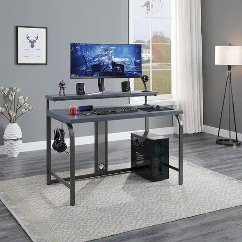 Scrivania da gaming contemporanea da 48 pollici con luci LED RGB, ripiano per monitor e hub di ricarica USB