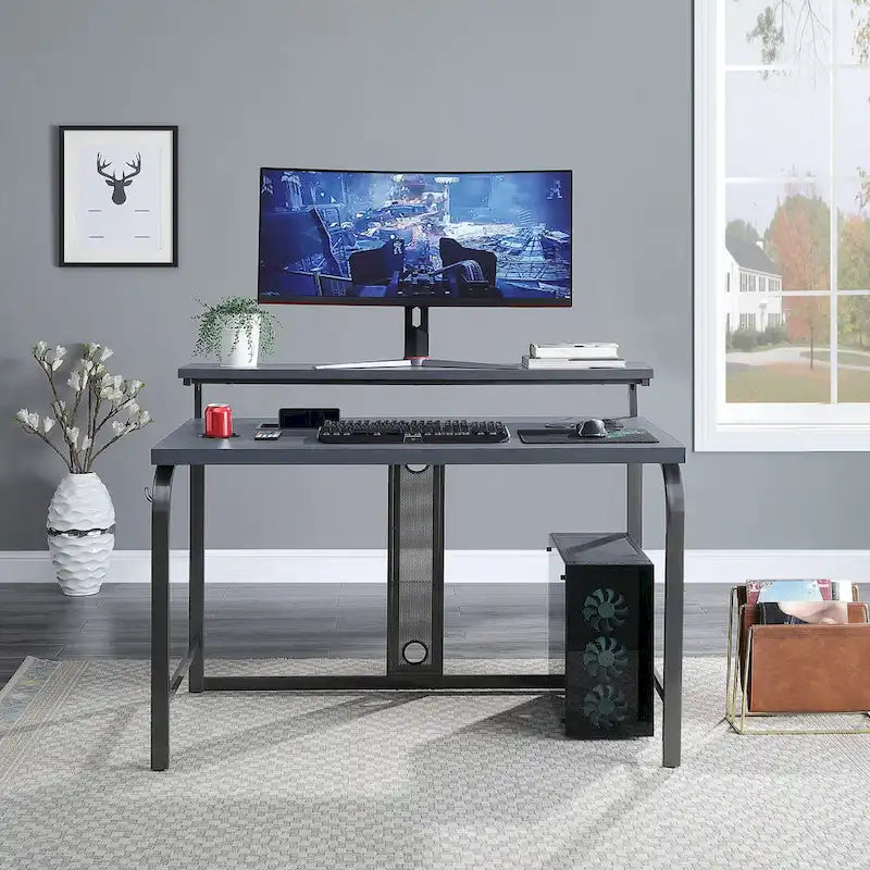 Scrivania da gaming contemporanea da 48 pollici con luci LED RGB, ripiano per monitor e hub di ricarica USB