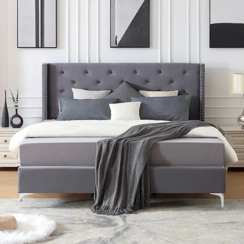 Struttura Letto a Piattaforma Queen Size in Velluto, Testiera capitonné, Gambe in Metallo da 15 cm
