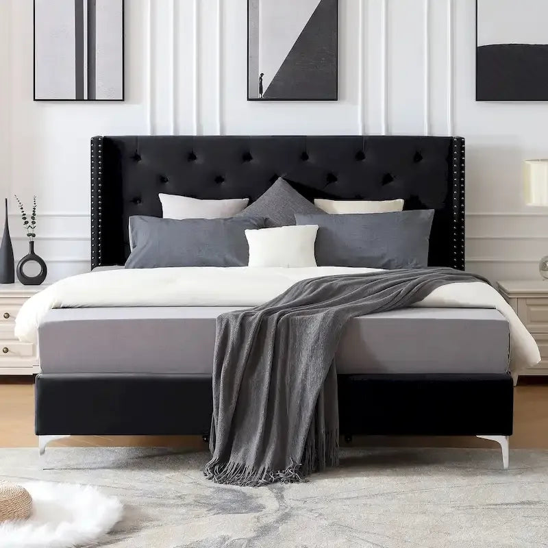Struttura Letto a Piattaforma Queen Size in Velluto, Testiera capitonné, Gambe in Metallo da 15 cm