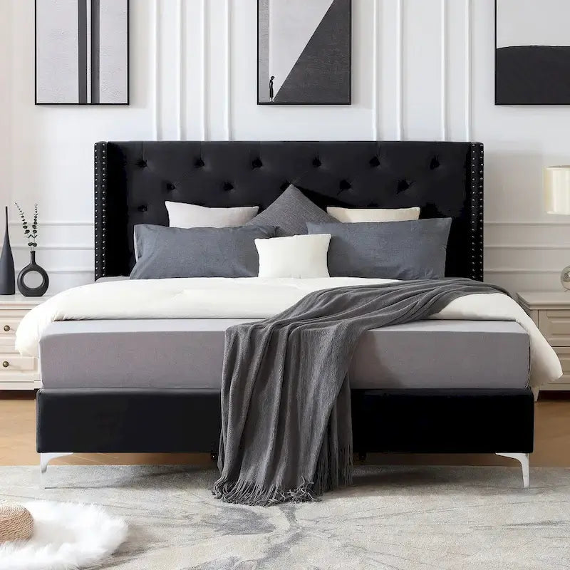 Struttura Letto a Piattaforma Queen Size in Velluto, Testiera capitonné, Gambe in Metallo da 15 cm
