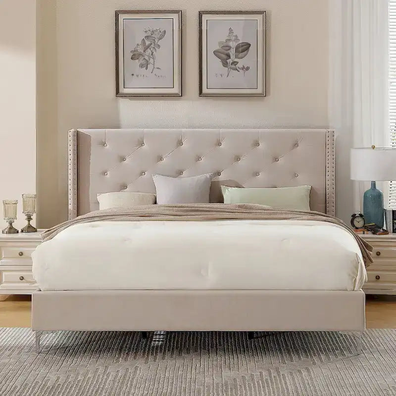 Struttura Letto a Piattaforma Queen Size in Velluto, Testiera capitonné, Gambe in Metallo da 15 cm