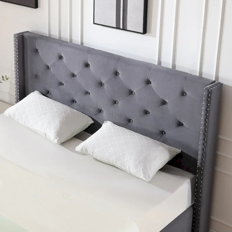 Struttura Letto a Piattaforma Queen Size in Velluto, Testiera capitonné, Gambe in Metallo da 15 cm