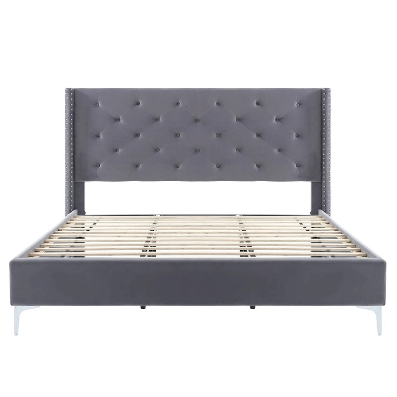 Struttura Letto a Piattaforma Queen Size in Velluto, Testiera capitonné, Gambe in Metallo da 15 cm