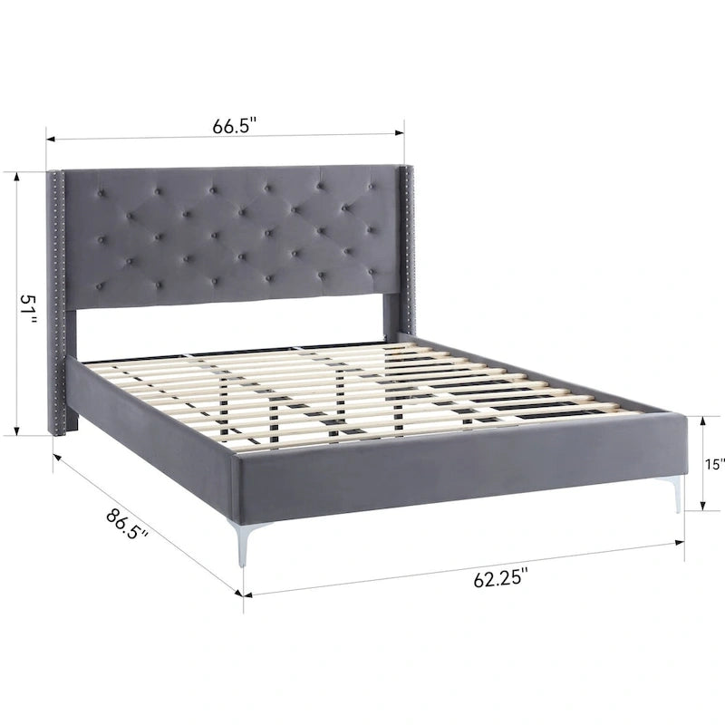 Struttura Letto a Piattaforma Queen Size in Velluto, Testiera capitonné, Gambe in Metallo da 15 cm
