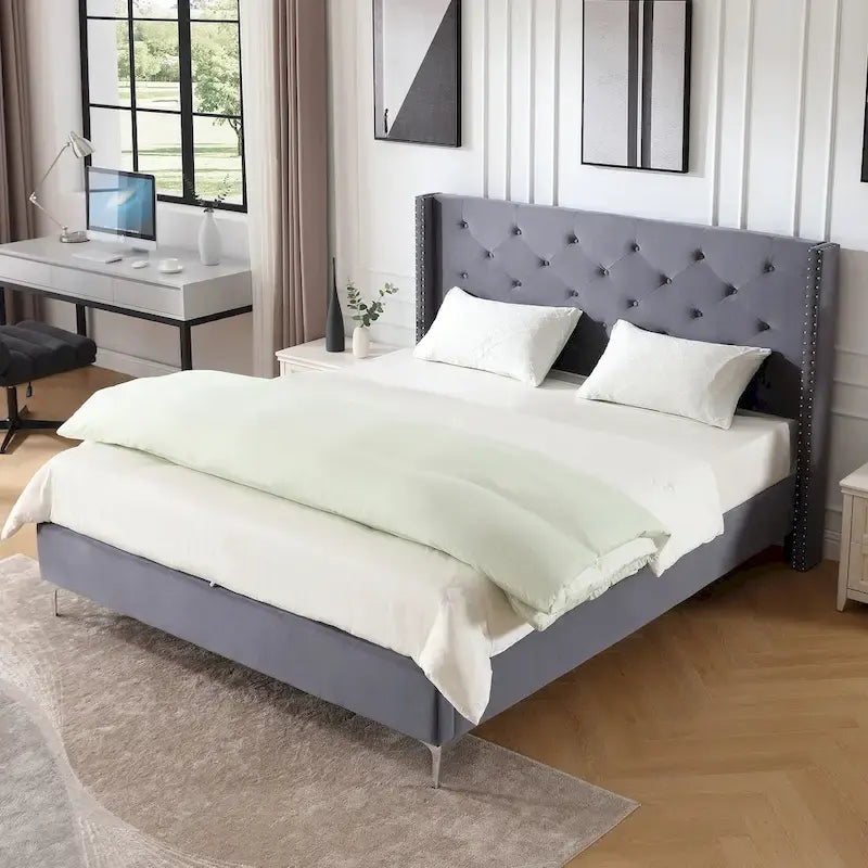 Struttura Letto a Piattaforma Queen Size in Velluto, Testiera capitonné, Gambe in Metallo da 15 cm