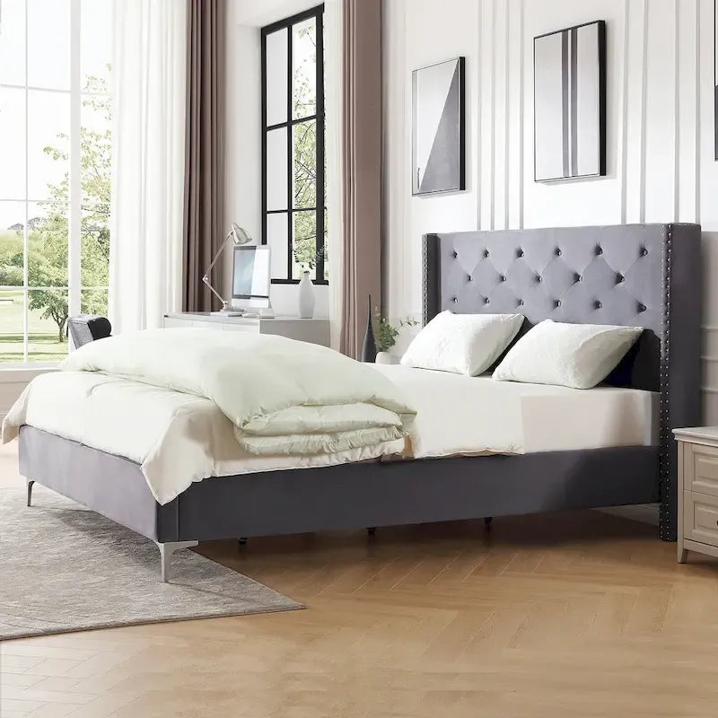 Struttura Letto a Piattaforma Queen Size in Velluto, Testiera capitonné, Gambe in Metallo da 15 cm