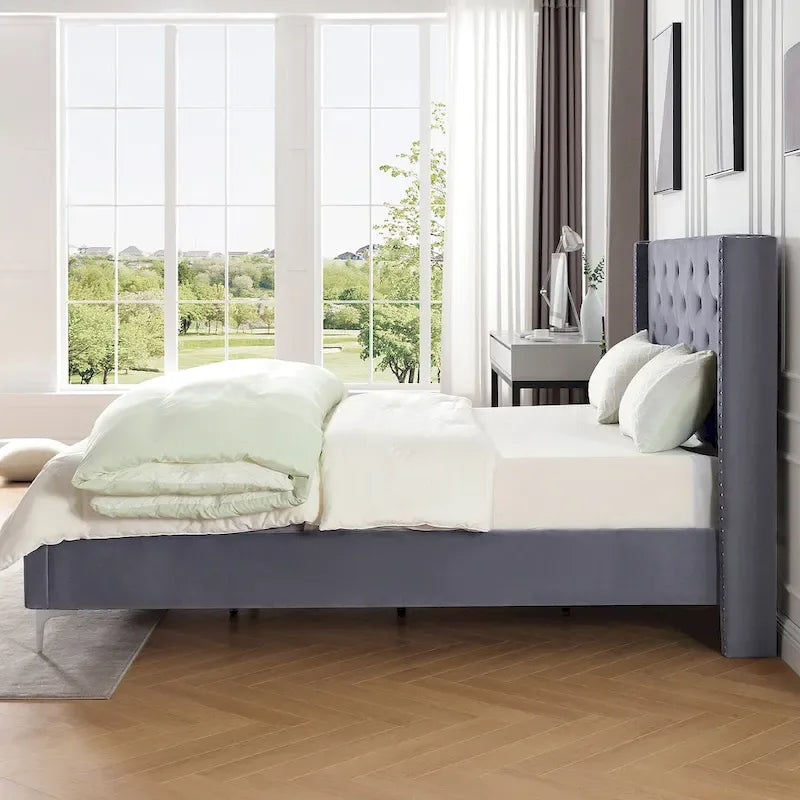 Struttura Letto a Piattaforma Queen Size in Velluto, Testiera capitonné, Gambe in Metallo da 15 cm