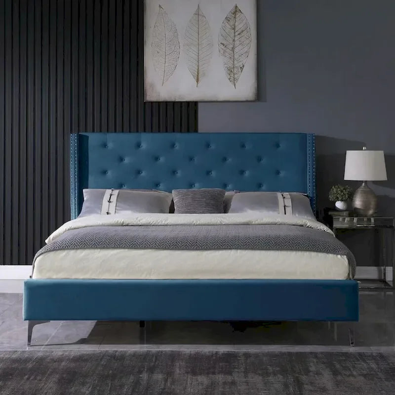 Struttura Letto a Piattaforma Queen Size in Velluto, Testiera capitonné, Gambe in Metallo da 15 cm