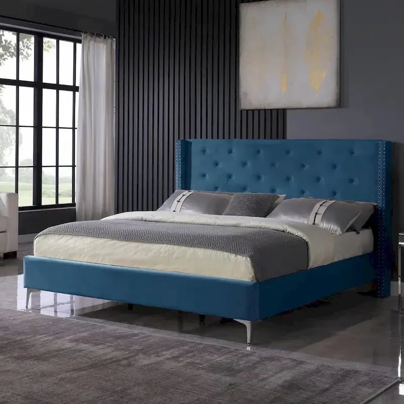Struttura Letto a Piattaforma Queen Size in Velluto, Testiera capitonné, Gambe in Metallo da 15 cm