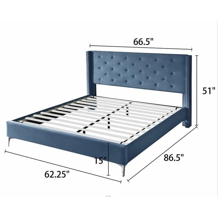 Struttura Letto a Piattaforma Queen Size in Velluto, Testiera capitonné, Gambe in Metallo da 15 cm