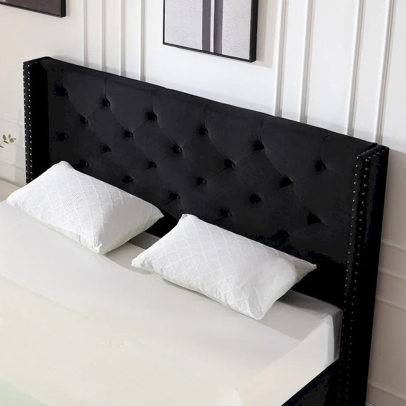 Struttura Letto a Piattaforma Queen Size in Velluto, Testiera capitonné, Gambe in Metallo da 15 cm