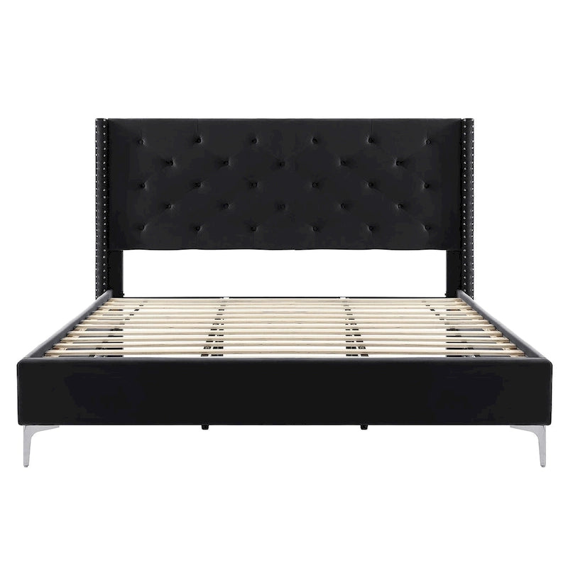 Struttura Letto a Piattaforma Queen Size in Velluto, Testiera capitonné, Gambe in Metallo da 15 cm