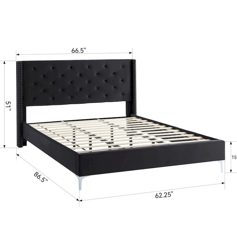 Struttura Letto a Piattaforma Queen Size in Velluto, Testiera capitonné, Gambe in Metallo da 15 cm