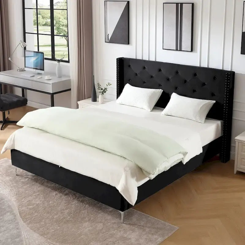 Struttura Letto a Piattaforma Queen Size in Velluto, Testiera capitonné, Gambe in Metallo da 15 cm