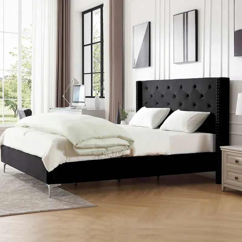 Struttura Letto a Piattaforma Queen Size in Velluto, Testiera capitonné, Gambe in Metallo da 15 cm