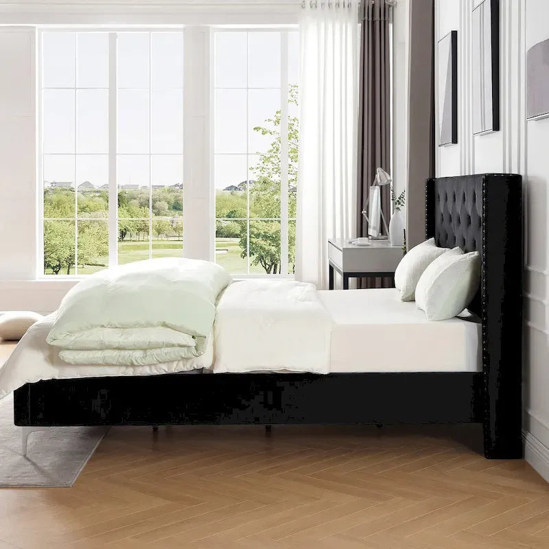 Struttura Letto a Piattaforma Queen Size in Velluto, Testiera capitonné, Gambe in Metallo da 15 cm