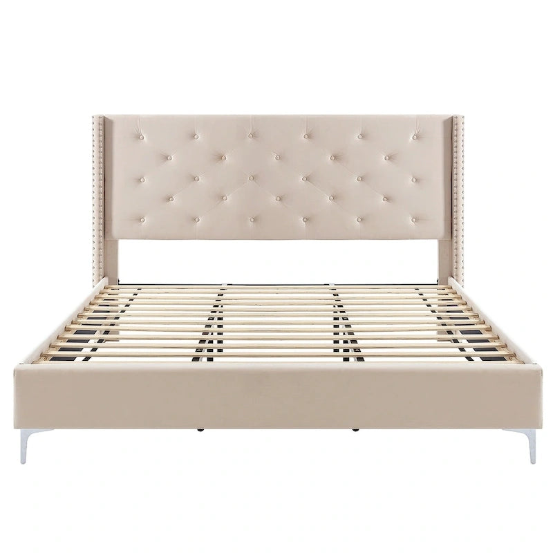 Struttura Letto a Piattaforma Queen Size in Velluto, Testiera capitonné, Gambe in Metallo da 15 cm