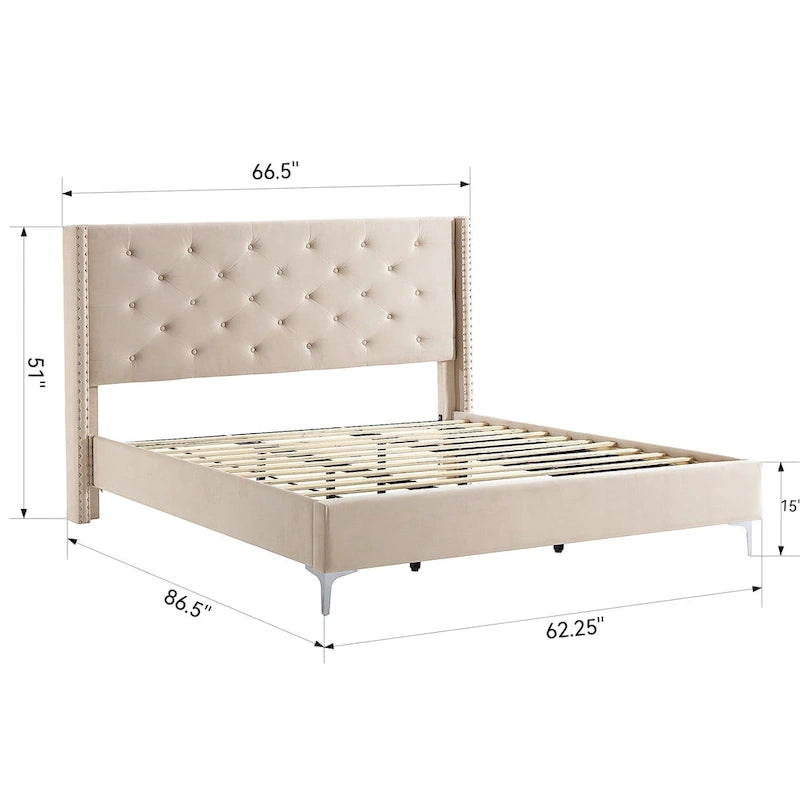 Struttura Letto a Piattaforma Queen Size in Velluto, Testiera capitonné, Gambe in Metallo da 15 cm