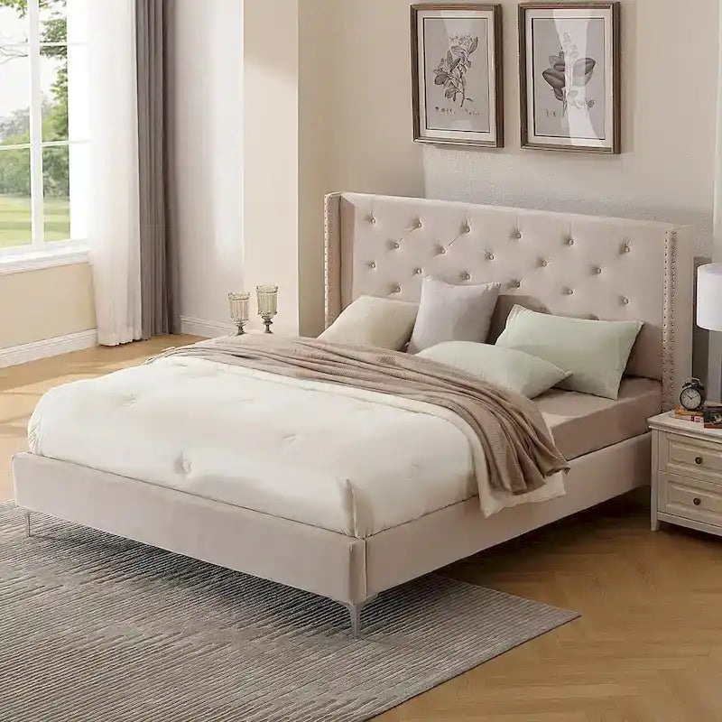 Struttura Letto a Piattaforma Queen Size in Velluto, Testiera capitonné, Gambe in Metallo da 15 cm