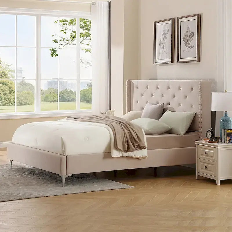 Struttura Letto a Piattaforma Queen Size in Velluto, Testiera capitonné, Gambe in Metallo da 15 cm