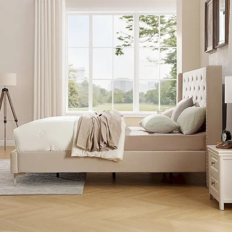 Struttura Letto a Piattaforma Queen Size in Velluto, Testiera capitonné, Gambe in Metallo da 15 cm