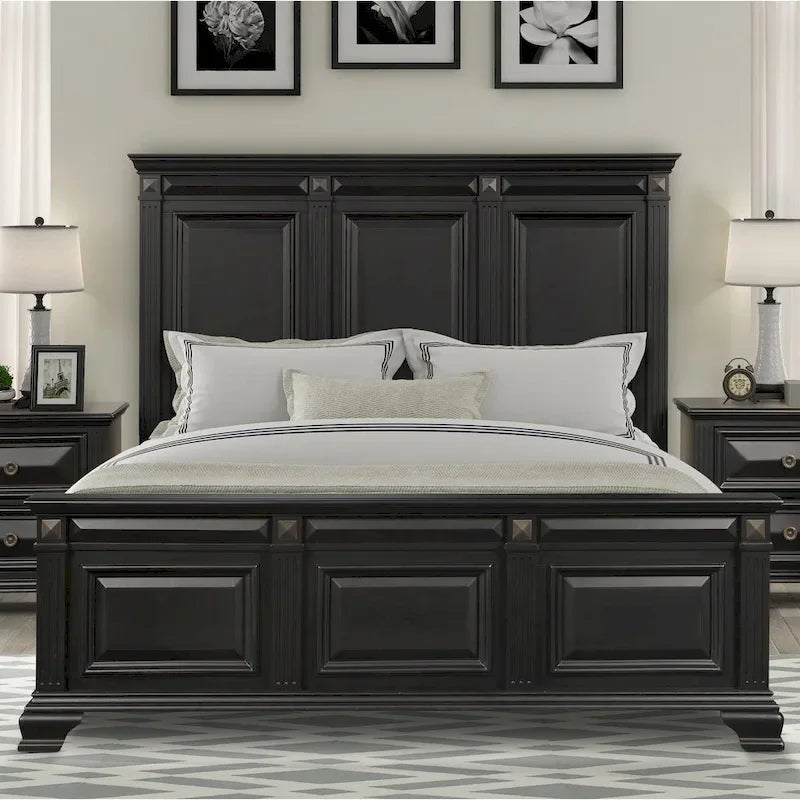 Set camera da letto vintage in legno nero - Letto a pannelli, cassettiera, specchio, due comodini