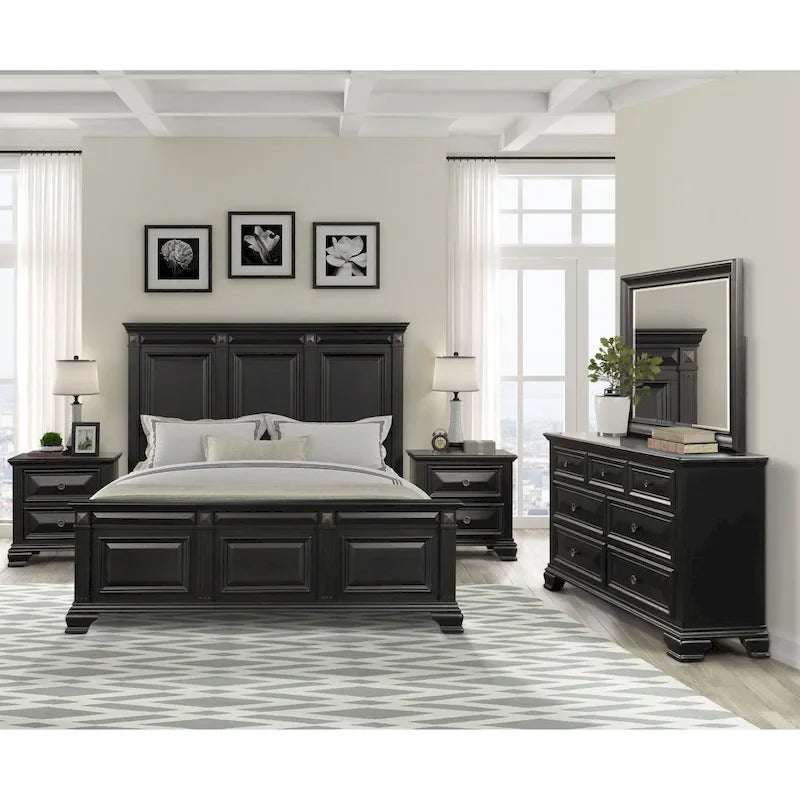 Set camera da letto vintage in legno nero - Letto a pannelli, cassettiera, specchio, due comodini