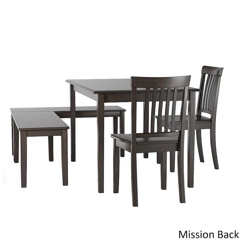 Set per angolo colazione rettangolare antico nero da 5 pezzi, tavolo, 2 sedie e 2 panche