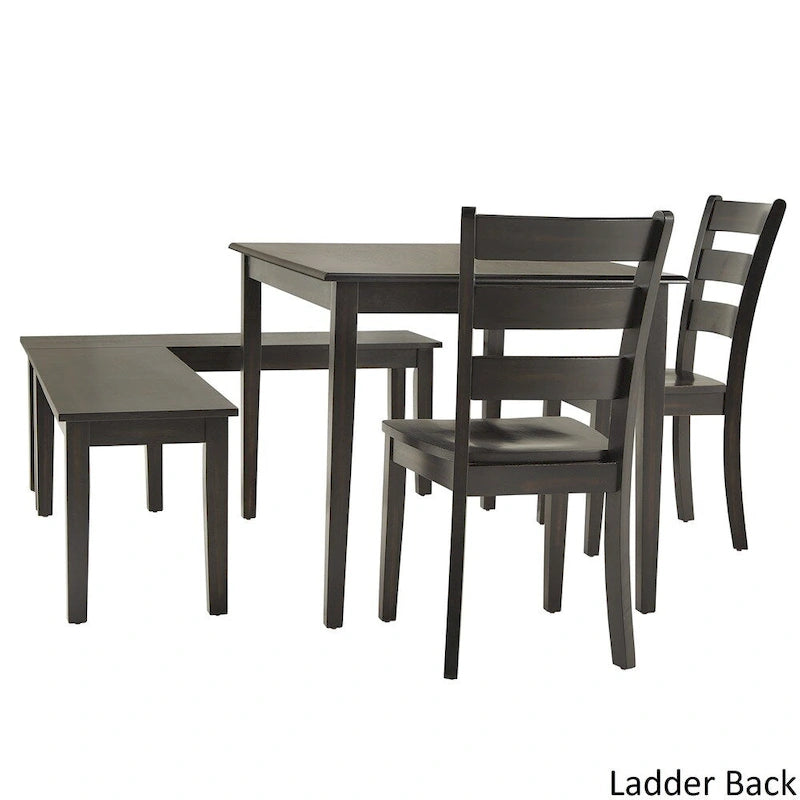 Set per angolo colazione rettangolare antico nero da 5 pezzi, tavolo, 2 sedie e 2 panche