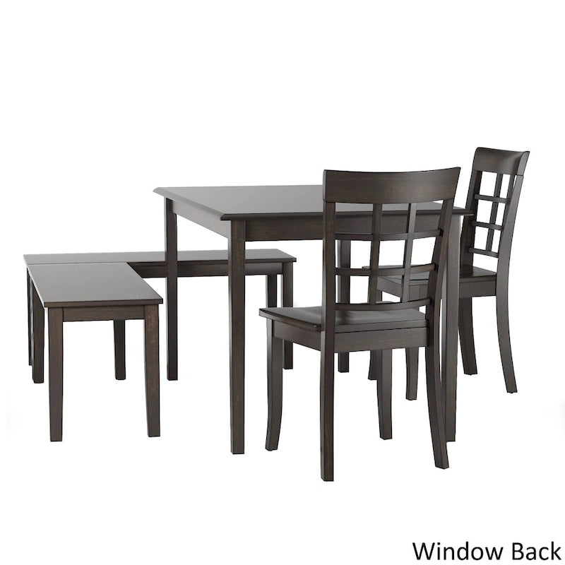 Set per angolo colazione rettangolare antico nero da 5 pezzi, tavolo, 2 sedie e 2 panche