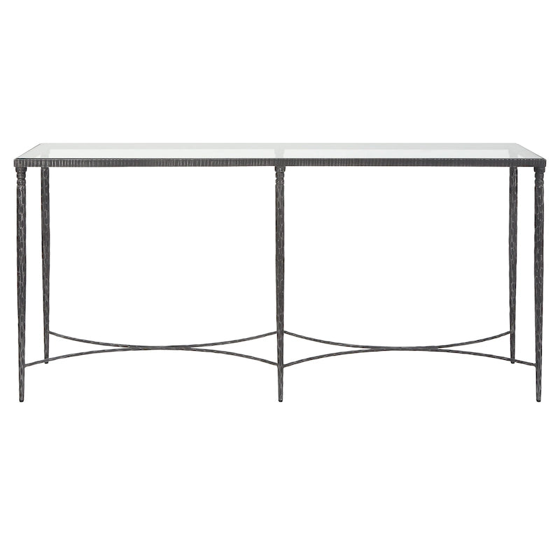Consolle in ferro con piano in vetro temperato, nero rustico - 63L x 30A x 14P