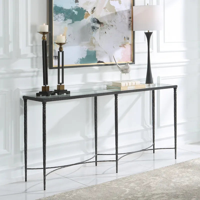 Consolle in ferro con piano in vetro temperato, nero rustico - 63L x 30A x 14P