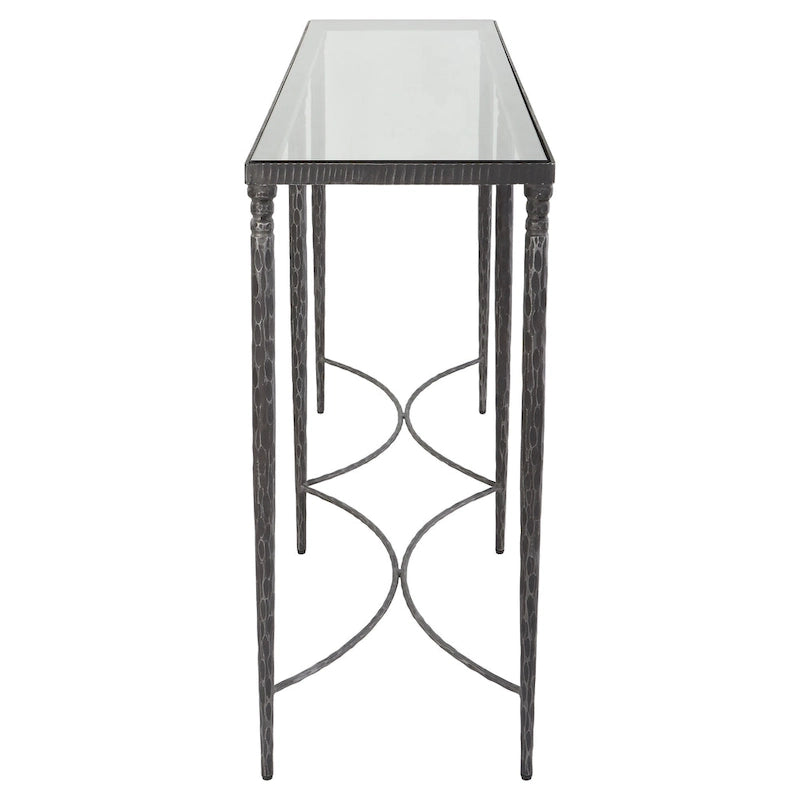 Consolle in ferro con piano in vetro temperato, nero rustico - 63L x 30A x 14P