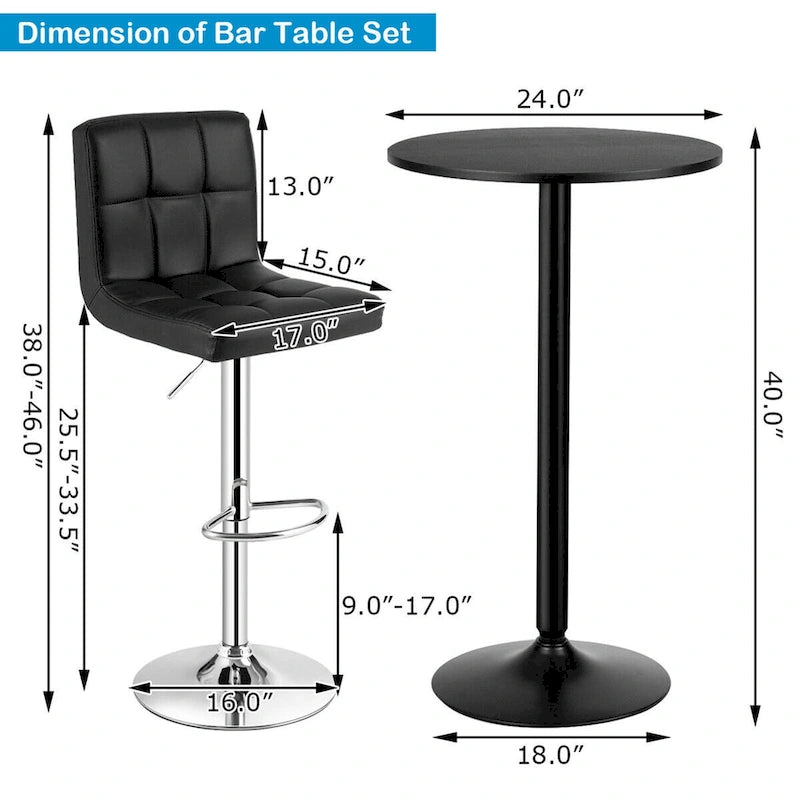 Set Tavolo da Bar da 3 Pezzi, Tavolo Rotondo da 60 cm e 2 Sgabelli da Bar Girevoli Regolabili, Nero