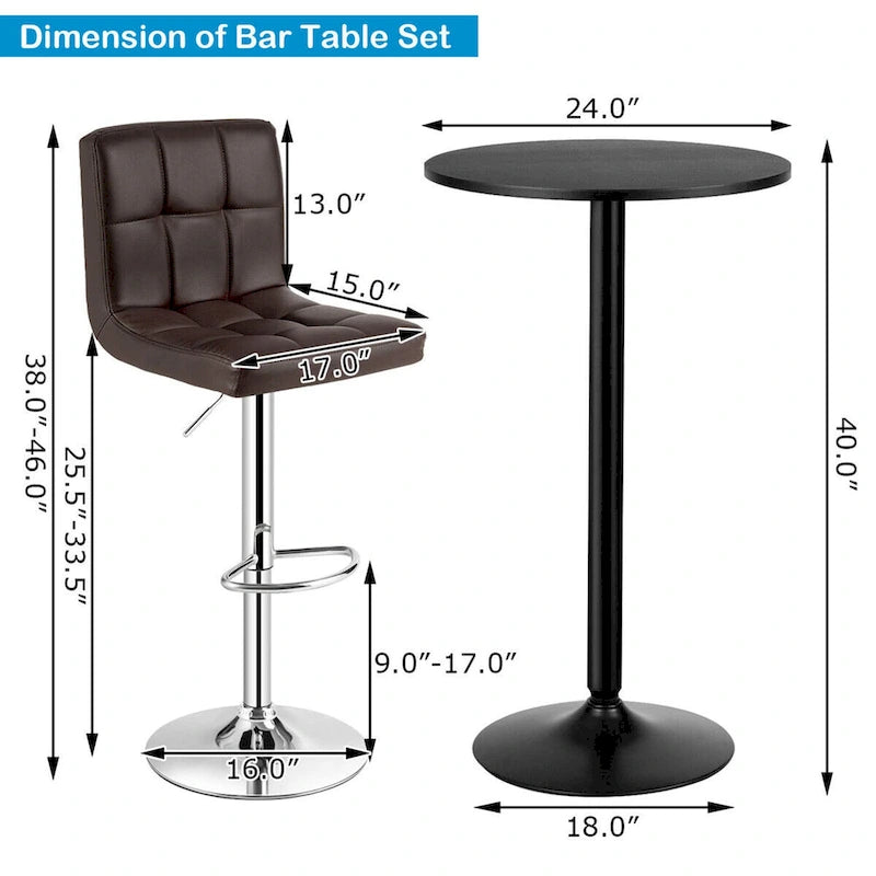 Set Tavolo da Bar da 3 Pezzi, Tavolo Rotondo da 60 cm e 2 Sgabelli da Bar Girevoli Regolabili, Nero